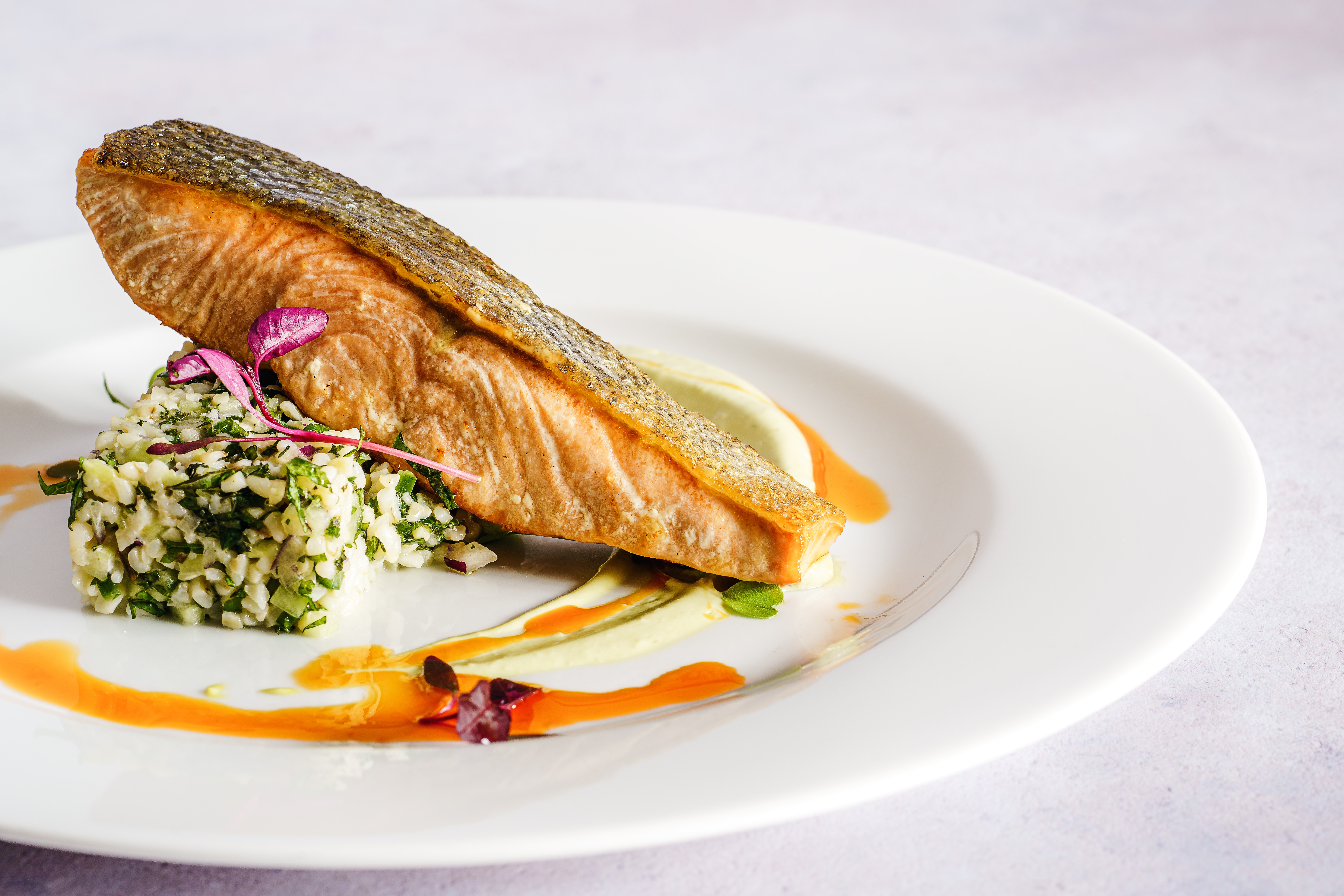 salmon with rice in a white plate